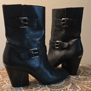 Michael Kors Black Ashton Mid Calf Leather Buckle Boots Riding Side Zip Size 8.5